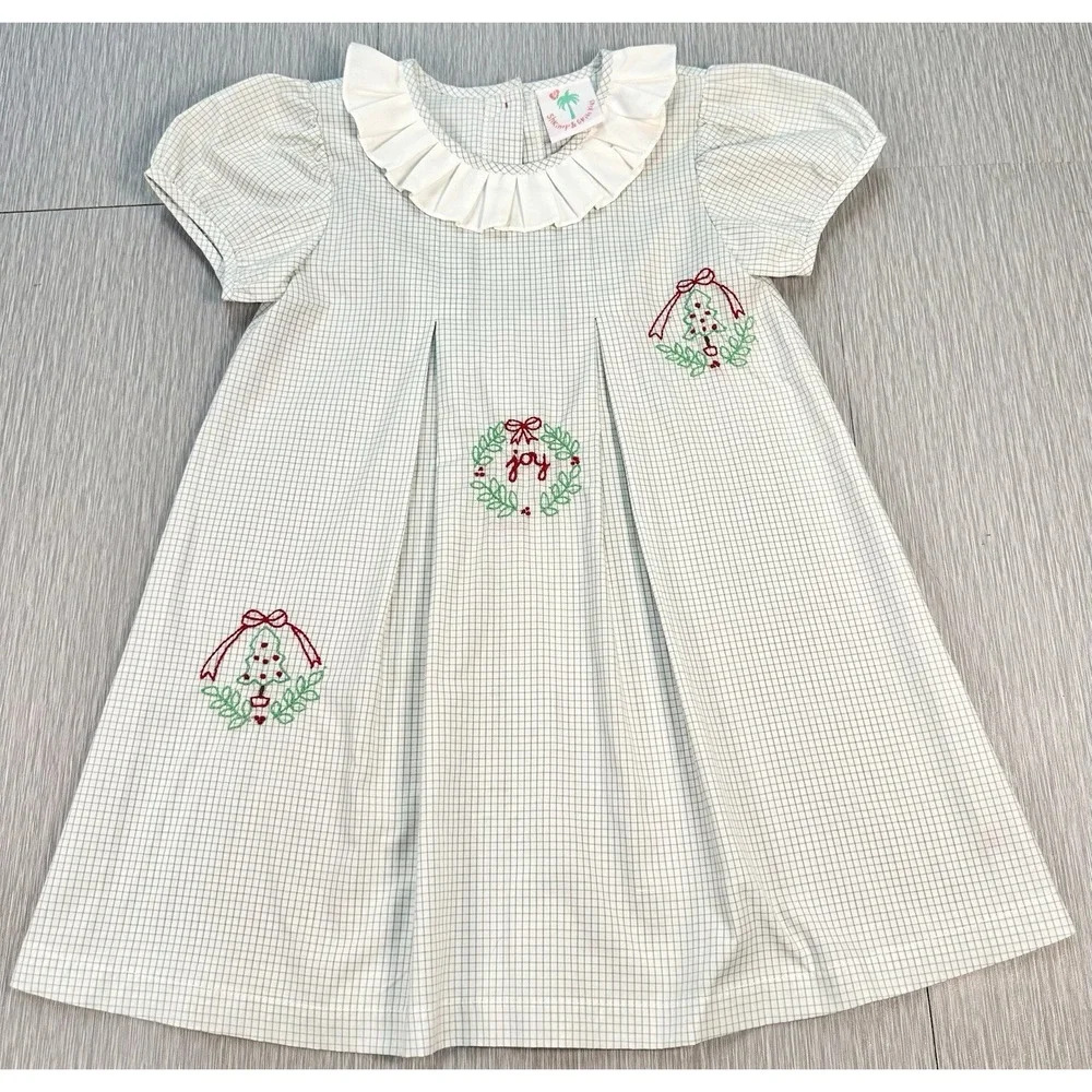Shrimp & Grits Christmas Embroidered Green White Gingham Dress‎ Toddler Girl JOY